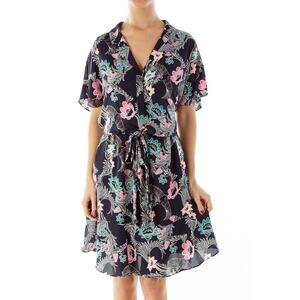 Banana Republic Navy Blue Pink Floral Bird Print Shirt Dress Belted Size 2P